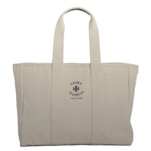 NWT Tory Burch Large Beige Canvas Tote with Navy Leather Trim